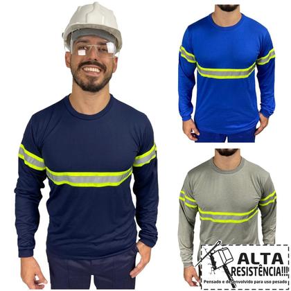 Imagem de Camiseta Manga Longa RESISTENTE com Faixa Refletivo Malha Fria Uniforme Profissional Sinalização Eletricista Construção