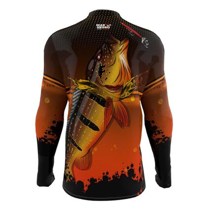 Imagem de Camiseta Mar Negro Peixe Pesca Proteção Solar 50+ Com Luvinha Tucunaré Tamanho Especial G1 G2 G3