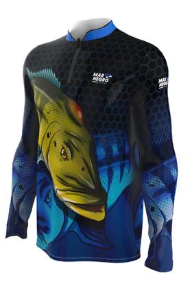 Imagem de Camiseta Mar Negro Peixe Pesca Proteção Solar 50+ Com Luvinha Tucunaré Tamanho Especial G1 G2 G3