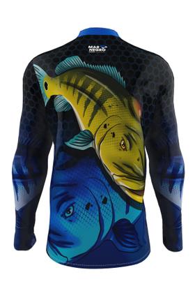 Imagem de Camiseta Mar Negro Peixe Pesca Proteção Solar 50+ Com Luvinha Tucunaré Tamanho Especial G1 G2 G3