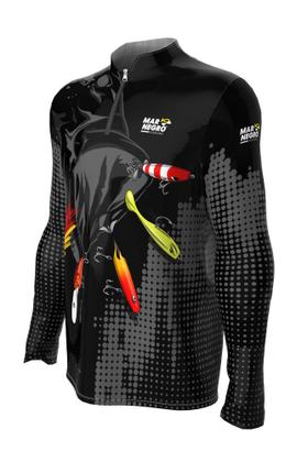 Imagem de Camiseta Mar Negro Peixe Pesca Proteção Solar 50+ Com Luvinha Tucunaré