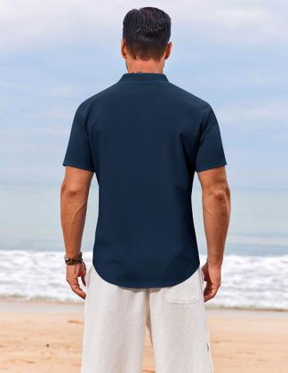 Imagem de Camiseta masculina casual casual de verão Henley azul marinho COOFANDY