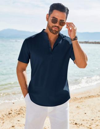 Imagem de Camiseta masculina casual casual de verão Henley azul marinho COOFANDY