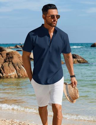 Imagem de Camiseta masculina casual casual de verão Henley azul marinho COOFANDY