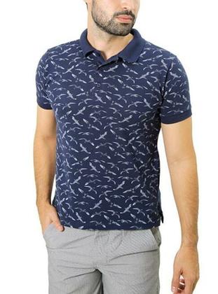 Imagem de Camiseta Masculina Gola Polo Azul Marinho Piquet Com Elastano Estampado Gaivotas
