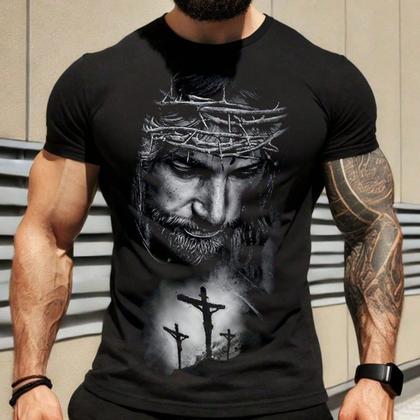 Imagem de Camiseta Masculina Redentor - Estampa de Jesus com Coroa de Espinhos em Algodão Preto