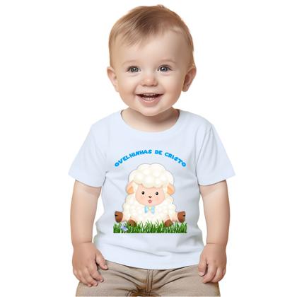 Imagem de Camiseta Ovelhinhas de Cristo Jesus Ovelha Azul Camisa Personalizada Blusa Infantil e Juvenil Algodão com Poliéster