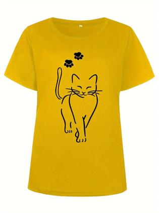 Imagem de Camiseta Plus Size Feminina com Estampa de Pata de Gato - Manga Curta e Gola Redonda
