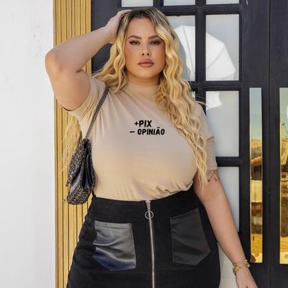 Imagem de Camiseta Plus Size Feminina T-Shirt Blusinha Manga Curta 3/4 Gola Alta Confortável Bata 100% Algodão