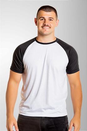 Imagem de Camiseta Raglan Branca Anti Pilling com Manga Preta - 100% Poliéster