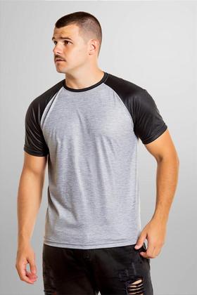 Imagem de Camiseta Raglan Cinza Mescla com Manga Preta 100% Poliéster - Estilo Casual