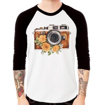 Imagem de Camiseta Raglan Máquina Fotográfica Vintage e Flores Manga 3/4 - Foca na Moda