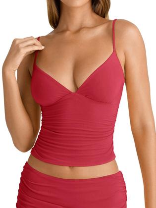 Imagem de Camiseta regata sexy em estilo rosa com decote em V franzido para mulheres