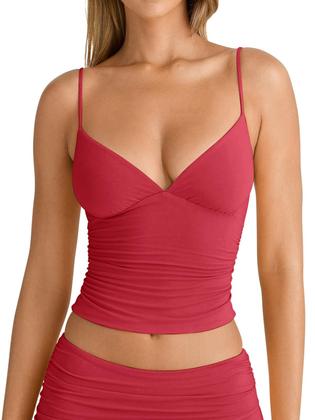 Imagem de Camiseta regata sexy em estilo rosa com decote em V franzido para mulheres