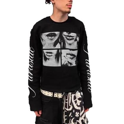 Imagem de Camiseta Unissex De Manga Longa Estilo Punk Escuro Com Estampa De Letras Americanas Para Homens E