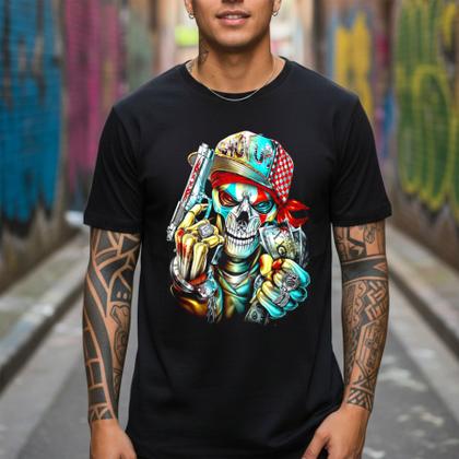 Imagem de Camisetas Basicas Masculinas Algodão Caveira Pirata Blusa Manga Curta Gola Redonda Confortável Moda Street Camiseta Preta Homens Presente Aniversario