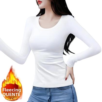 Imagem de Camisetas Térmicas Femininas de Lã - Manga Comprida, Gola Redonda, Caimento Justo