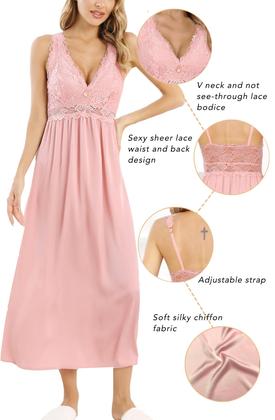 Imagem de Camisola ALCEA ROSEA de seda de cetim com renda para mulheres rosa XXL