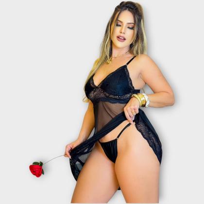 Imagem de Camisola Baby Doll De Tule Rendada Transparente Com Calcinha Sensual Pijama