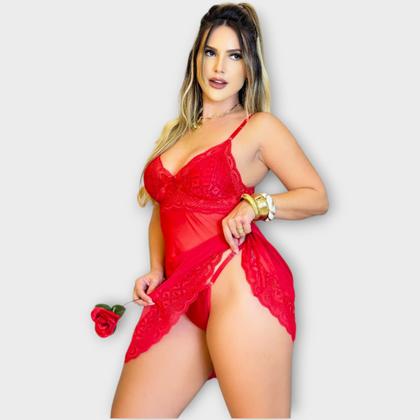 Imagem de Camisola Baby Doll De Tule Rendada Transparente Com Calcinha Sensual Pijama