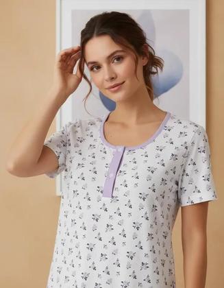 Imagem de Camisola Botão Feminina Manga Curta Estampa Floral Pijama Camisão Gestante Dormir Senhora