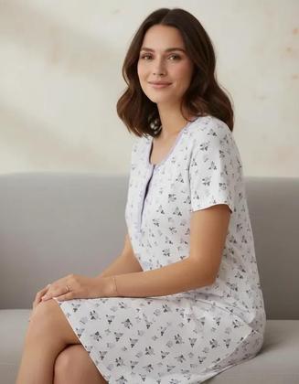 Imagem de Camisola Botão Feminina Manga Curta Estampa Floral Pijama Camisão Gestante Dormir Senhora