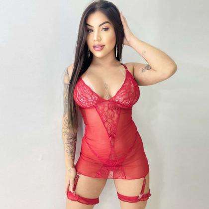 Imagem de Camisola De Renda Com Cinta Liga Sexi Sem Bojo Com Calsinha Fio Dental 