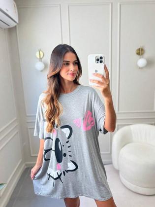 Imagem de Camisola Feminina De Dormir Camisetão Verão Gatinho Cinza Noite