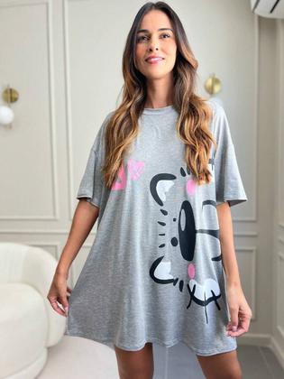 Imagem de Camisola Feminina De Dormir Camisetão Verão Gatinho Cinza Noite
