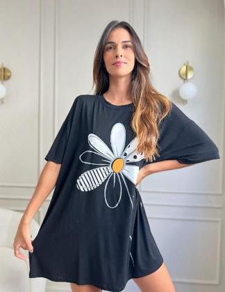 Imagem de Camisola Feminina De Dormir Camisetão Verão Manga Curta Margarida Flor Noite