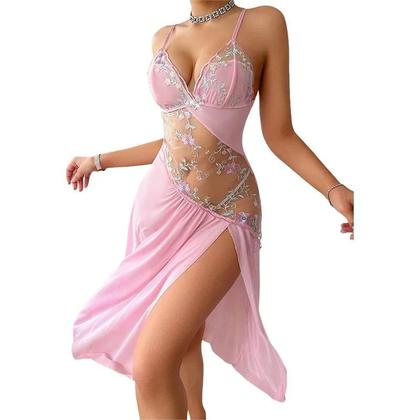 Imagem de Camisola Feminina Estampada com Flores Rosa - Decote V, Costas Abertas e Renda