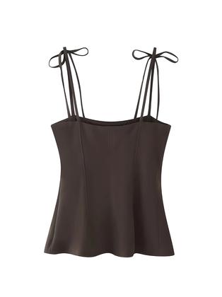 Imagem de Camisola Feminina Estilo Vintage Chique Com Laço Embelezado Sem Mangas Slim Cor Sólida Sem Costas