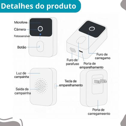 Imagem de Campainha Câmera Wifi S/Fio Externa Tempo Branco Portátil