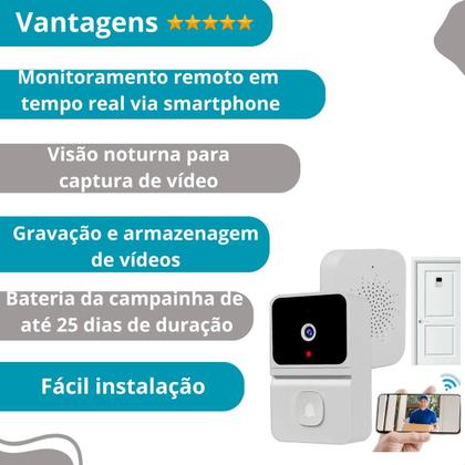 Imagem de Campainha Câmera Wifi S/Fio Externa Tempo Branco Portátil