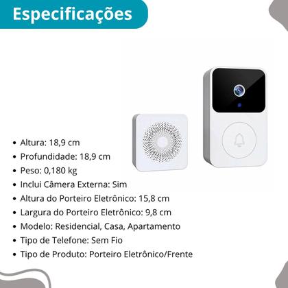 Imagem de Campainha Câmera Wifi S/Fio Externa Tempo Branco Portátil