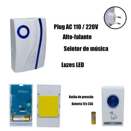 Imagem de Campainha Residencial Domestica Uso interno/externo S/ fio Wireless Até 100 Metros B