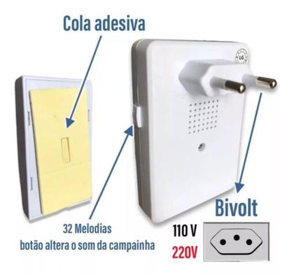 Imagem de Campainha residencial Inteligente Sem Fio eletrônica wifi 100 Metros longo alcance bivolt wireless c/ 32 toques plug play prova d'água resistente
