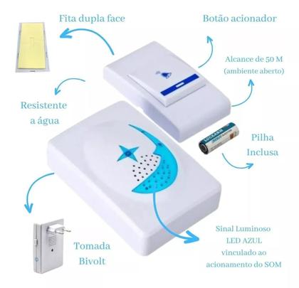 Imagem de Campainha residencial Inteligente Sem Fio eletrônica wifi 100 Metros longo alcance bivolt wireless c/ 32 toques plug play prova d'água resistente