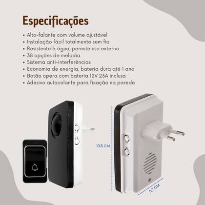 Imagem de Campainha Sem Fio Bivolt A Prova d'água Residencial com 38 Toques Longo Alcance ate 200 Metros