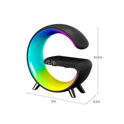 Imagem de Candeeiro de mesa LED inteligente LeenaBao, carregador sem fio 4 em 1, luz noturna, despertador e alto-falante Bluetooth com controle de aplicativos para decoração de quarto, escritório e casa (preto)