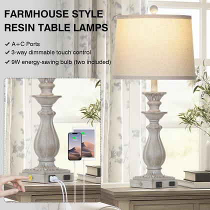 Imagem de Candeeiros de mesa Rinweey 28" Farmhouse, conjunto USB regulável de 3 vias