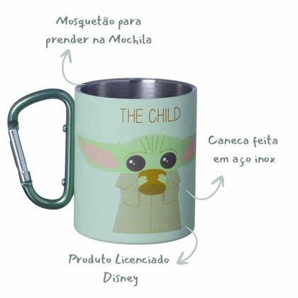 Imagem de Caneca Baby Yoda Grogu Aço Inox Com Mosquetão Oficial Mandaloriano Star Wars - Zona Criativa