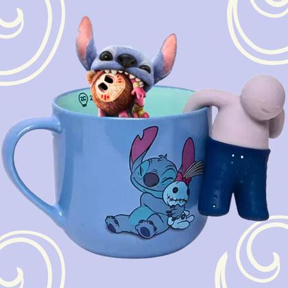 Imagem de Caneca com Infusor Stitch 350 ml Azul Chá Café Boneco Silicone