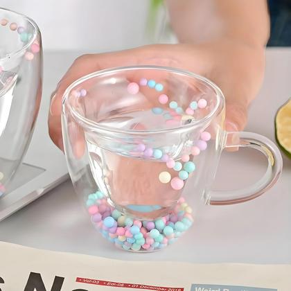 Imagem de Caneca de Café de Vidro com Parede Dupla - Design de Amor com Bolas Coloridas