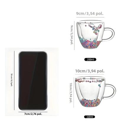 Imagem de Caneca de Café de Vidro com Parede Dupla - Design de Amor com Bolas Coloridas