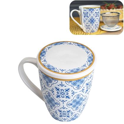 Imagem de Caneca De Porcelana Super White Com Tampa E Filtro Lisboa Azul/Branca 310ml Lyor