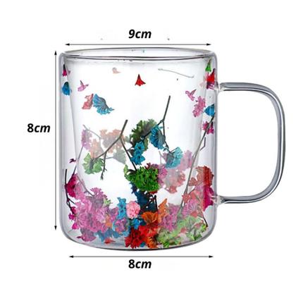 Imagem de Caneca de Vidro Borossilicato Parede Dupla 350ml Flores Secas Sortidas Café Chá Presente