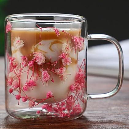 Imagem de Caneca de Vidro Borossilicato Parede Dupla 350ml Flores Secas Sortidas Café Chá Presente