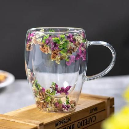 Imagem de Caneca de Vidro Borossilicato Parede Dupla com Flores Secas 350ml