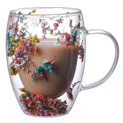 Imagem de Caneca de Vidro Borossilicato Parede Dupla com Flores Secas 350ml